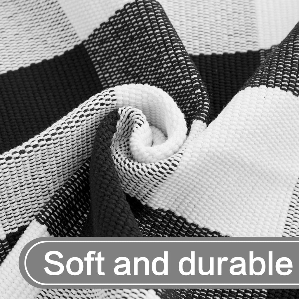 Fall Decor Cotton Buffalo Plaid Rug, 3' x 5' Black and White Outdoor Rug Front Door Decorative Mat, Washable Doormat