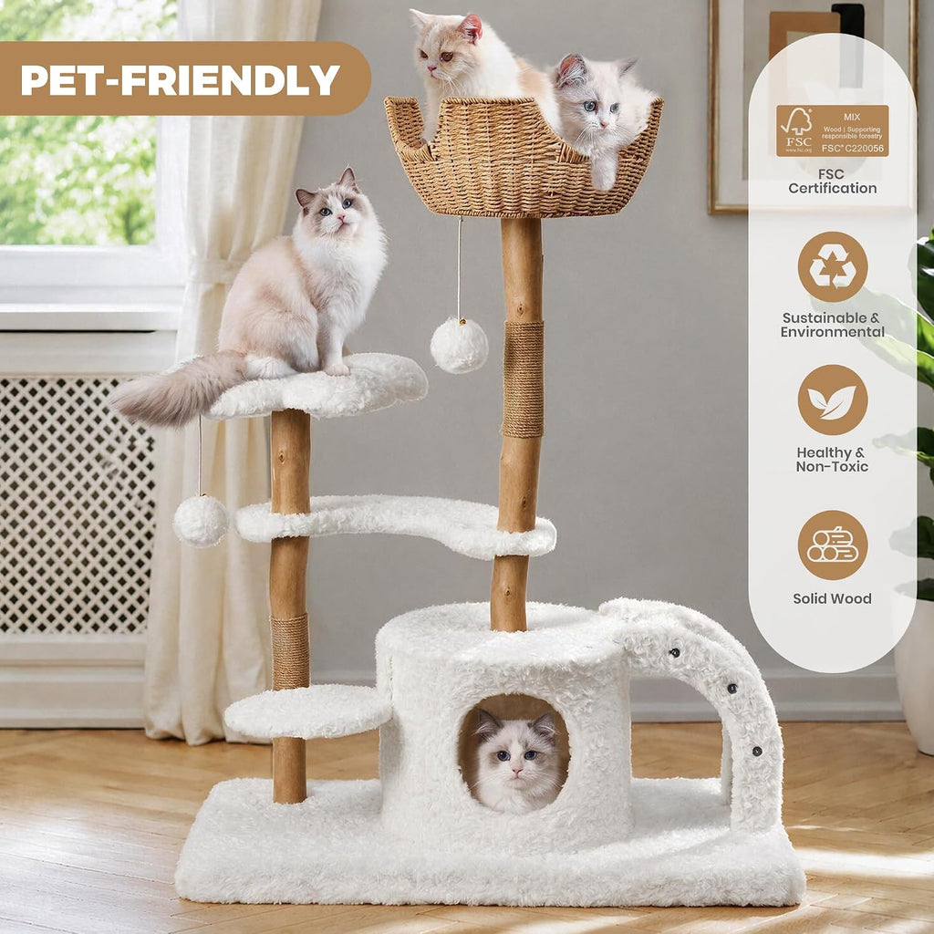Modern Cat Tree, 45.6" Aesthetic Wood Cat Tree Tower for Large Cats, Luxury Cat Condo with Scratching Posts