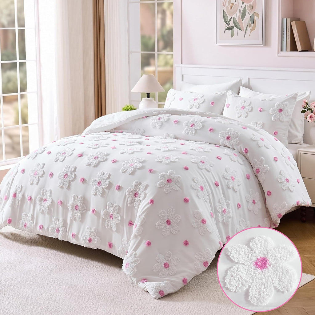 Twin Comforter Set for Girls 2 Pieces Tufted Daisies Flowers Pink Floral Twin Girls Bedding Sets Bed in A Bag Cute