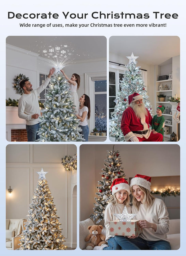 Star Tree Topper with Snowflake Projector Xmas Decoration Silver