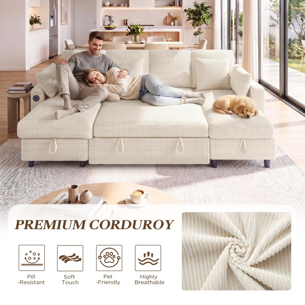 5-Seat Sleeper Sofa Bed with Reversible Chaise Lounge Sectional, Corduroy U-Shaped Convertible Couch Set with USB