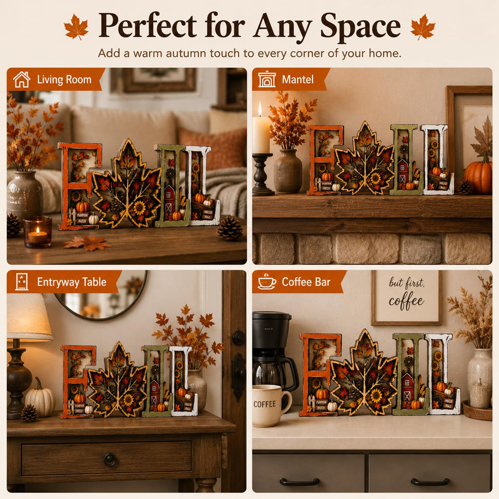 Fall Decorations 2026, 3D Wooden Fall Decor with Harvest Autumn Sign Leaf Pumpkin Scene, Rustic Thanksgiving Tabletop