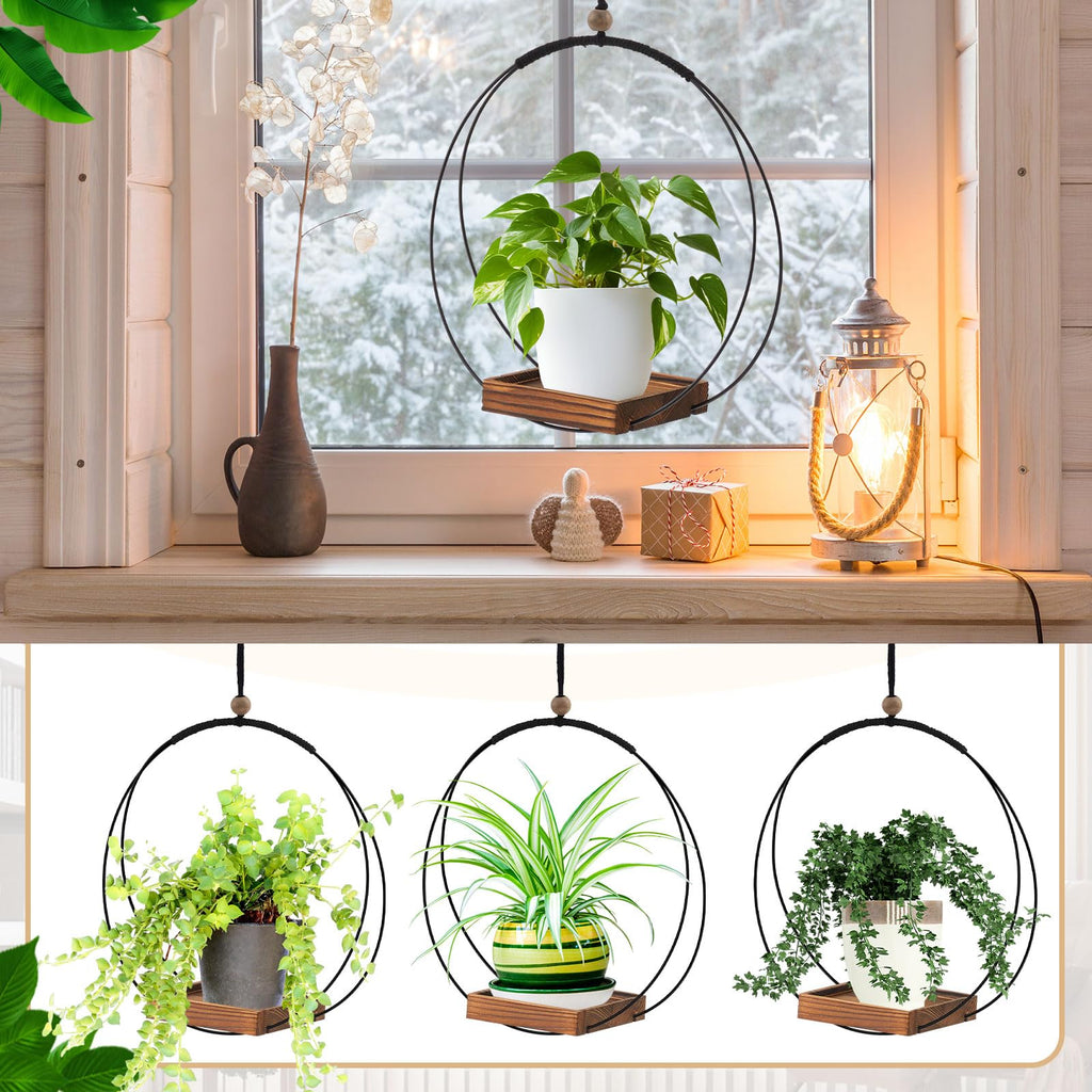4 Pcs Hanging Plant Holder with Wood Base Window Planter Boho, Brown