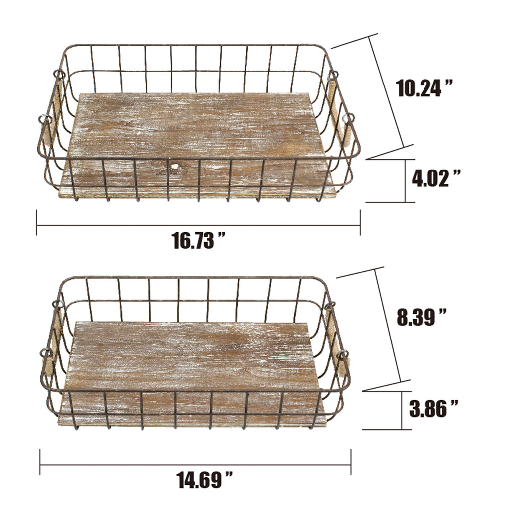 Stackable 2pc Rectangle Metal Wire and Wood Basket Set with Rope Wrapped Handles, Rustic Decor Storage, Decorative