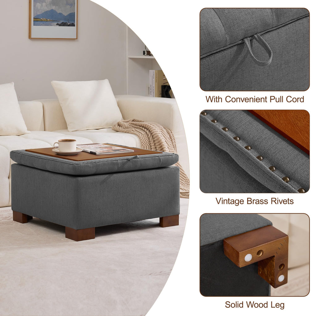30" Fabric Square Storage Ottoman with Wooden Tray, Modern Tufted Button Footstool Coffee Table, Upholstered Large