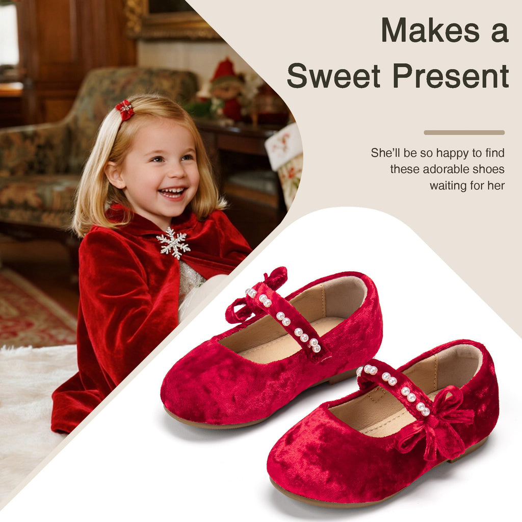 Mary Jane Ballet Flats - Girls' Dress Shoes with Hook & Loop Closure(AF642 Toddler,Velvet Red/ )
