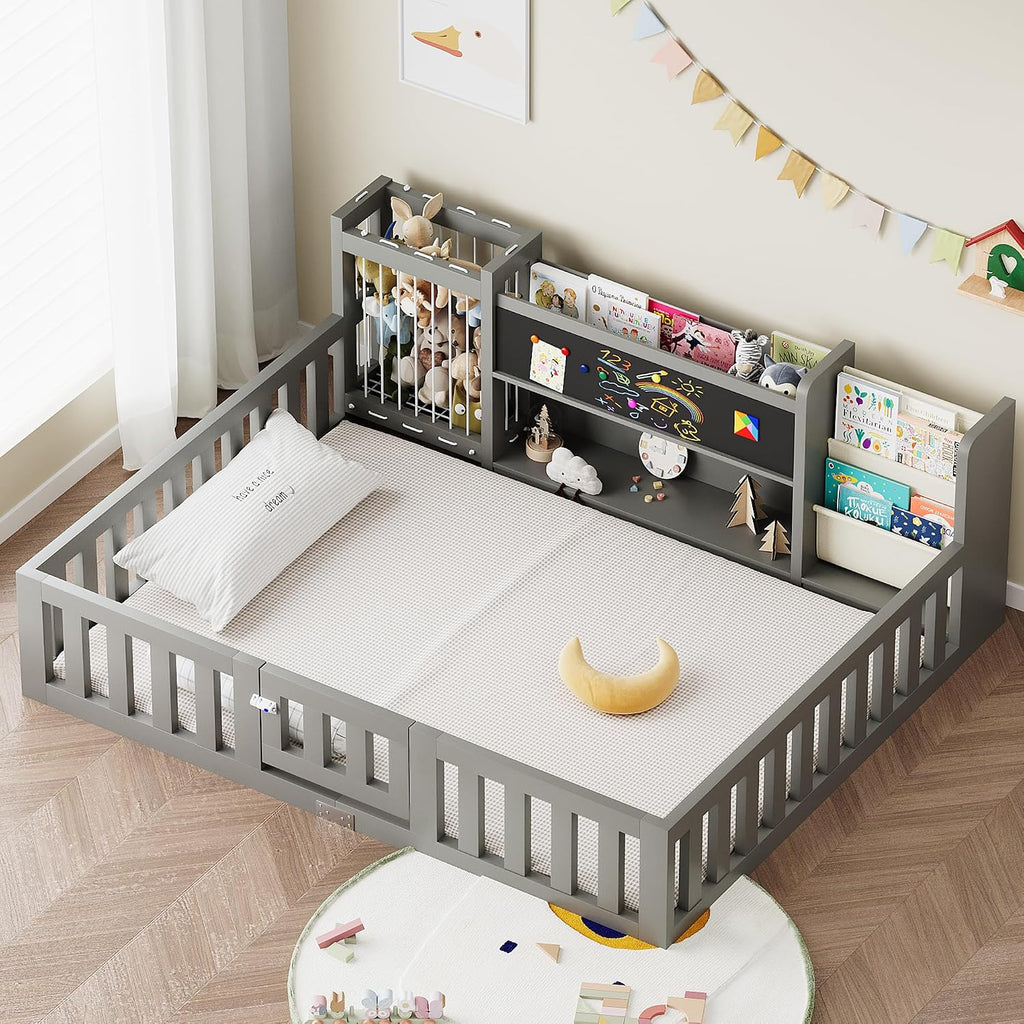 Montessori Wood Toddler Floor Bed with Blackboard & Bookshelf (Gray )