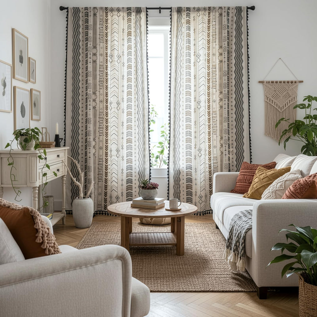 Boho Curtains 2 Panels 84 Inches Long Patterned Western Azetc Boho Chic Decor Semi-Blackout Light Filtering Drapes