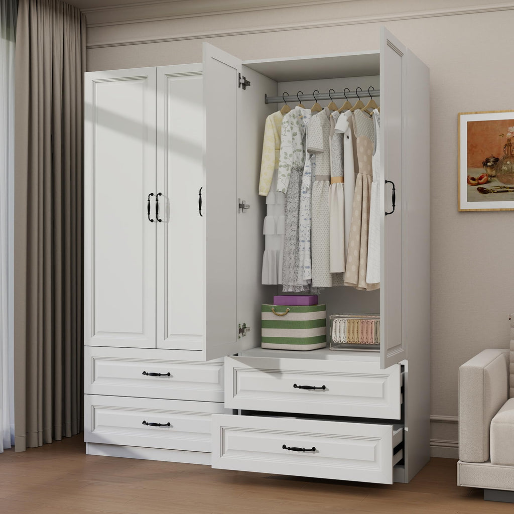 White Armoire Wardrobe Closet with 4 Drawers, 75" H x 63" W Armoire