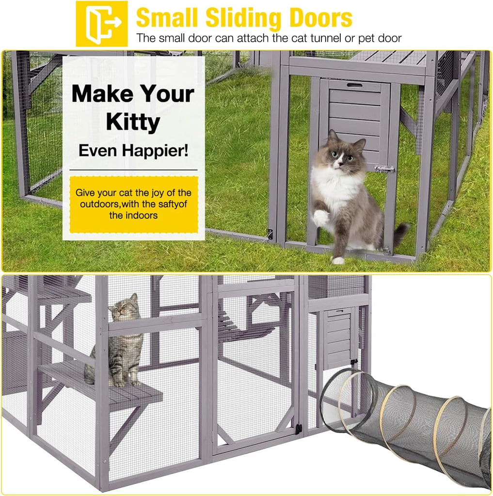 Large Cat House Catio Outdoor Cat Enclosure, 28ft2 Weatherproof Wooden Kitty Condo with Run, Extra Large Cattery