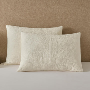 Quilted Pillow Shams Damask Ivory Medallion Set of 2 Embroidered