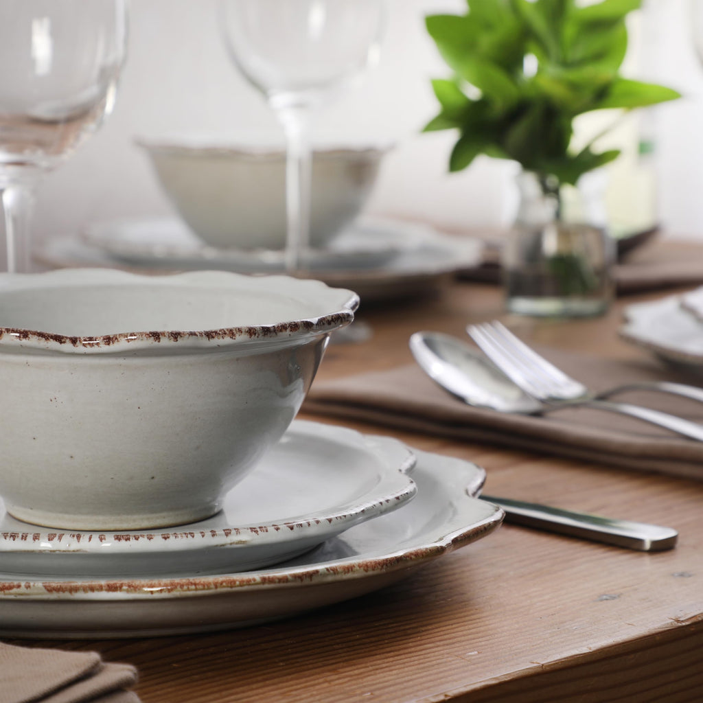 Kennon Road Plates and Bowls Set, 12-Piece Dinnerware Set, White Scalloped Stoneware Dishes, Dinner Plates