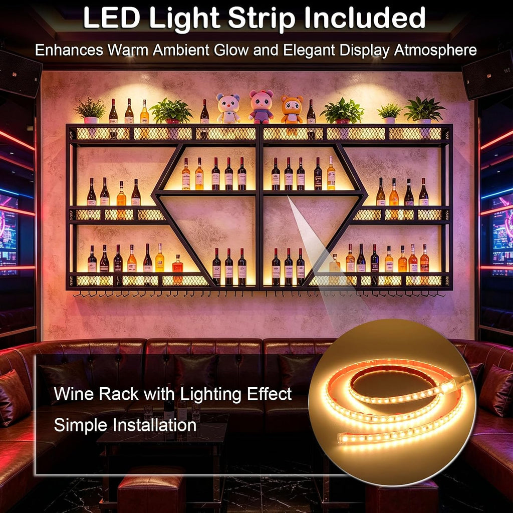79 Inch Wine Rack Wall Mounted with LED Warm Light, 3-Tier Large Capacity Liquor Shelf with Glass Holder, Industrial