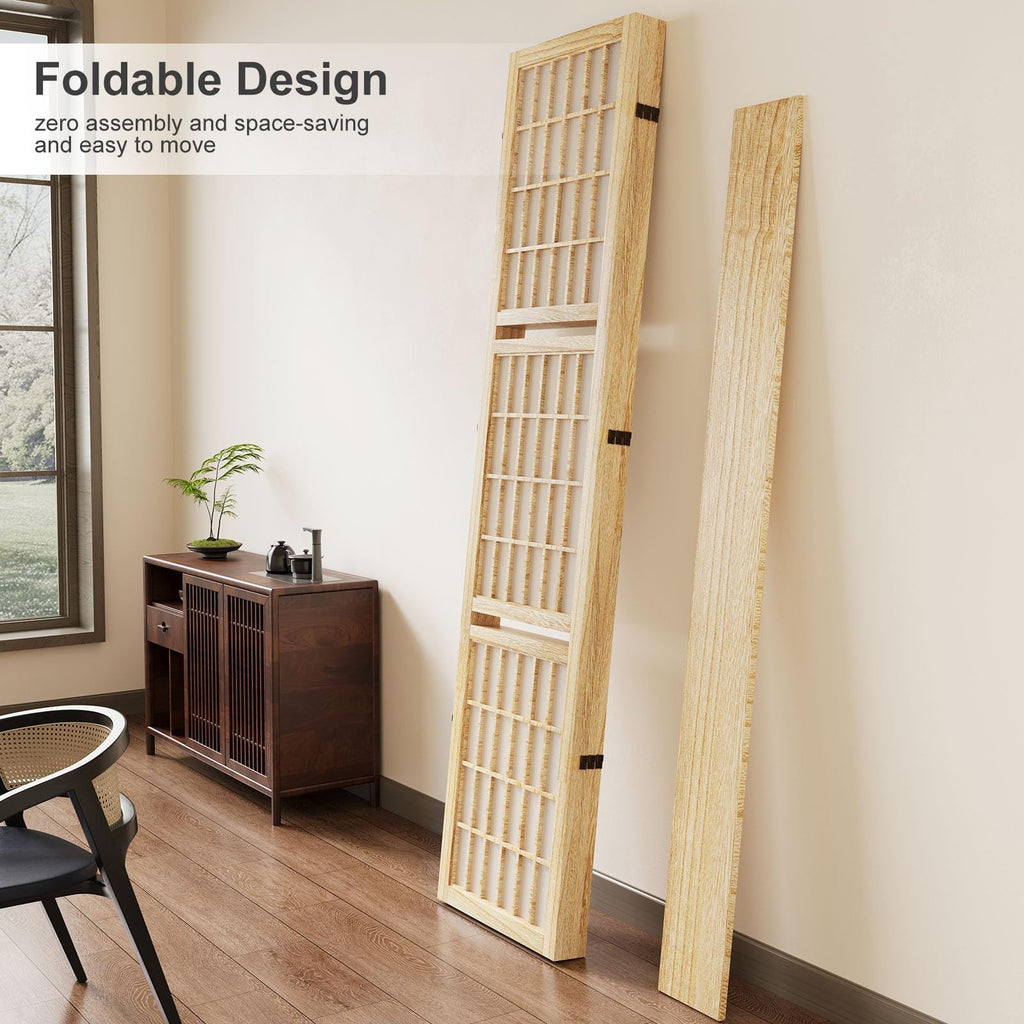 Room Divider with Shelves, 66.9-Inch Tall Japanese Shoji Style Wood Screen with Double Hinges Bedroom Hotel