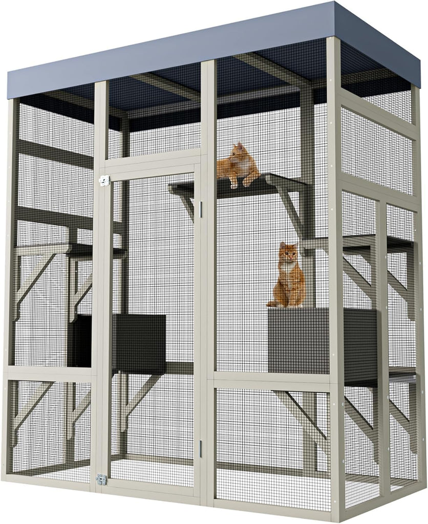 70" Large Outdoor Catio Cat Enclosure, Wood Cat Patio with 5 Platforms and 2 Resting Box, Cats Shelter