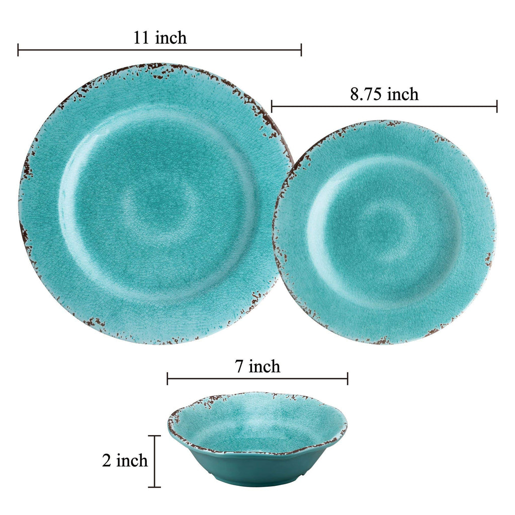 12-Piece Melamine Dinnerware Set, Includes Dinner Plates, Salad Plates, Bowls, Service for 4. (Crackle, Turquoise)