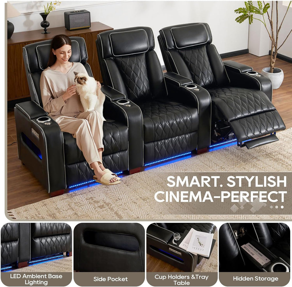 Luxury Home Theater Seating - Power Recliner with Adjustable Headrests, Blue LED Ambient Lighting, Tray Table