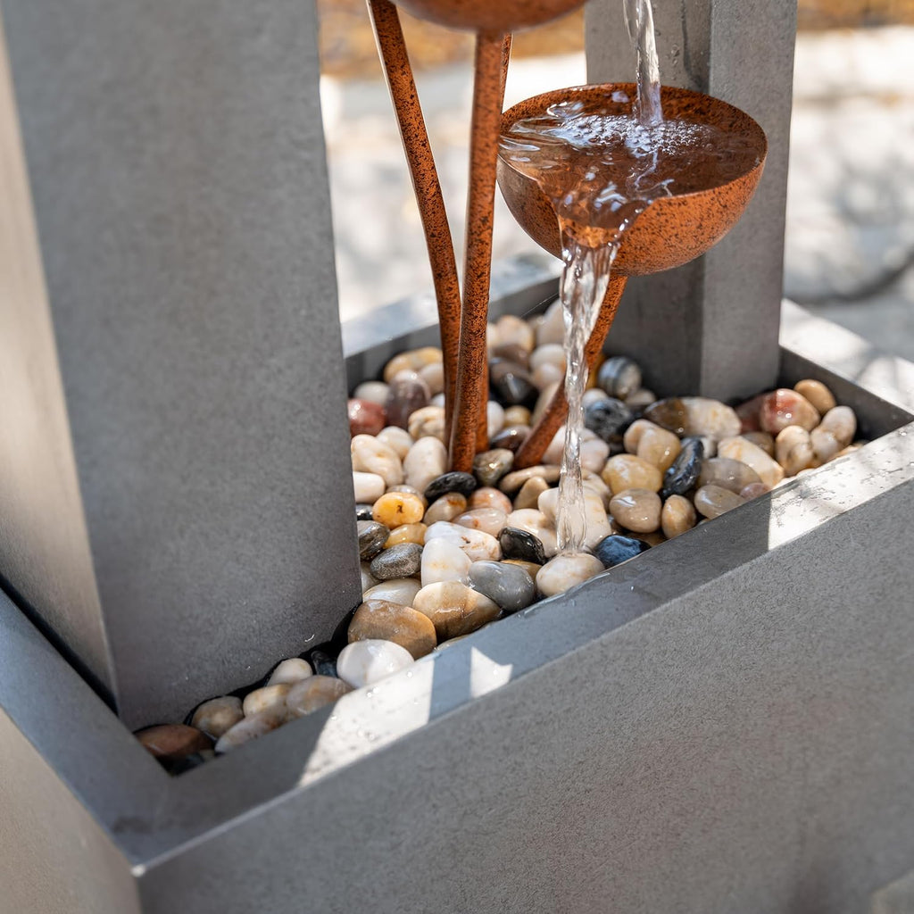 38" Tall Gray and Bronze Metal Sculptural Flower Multi-Tier Freestanding Water Fountain for Indoor & Outdoor Use