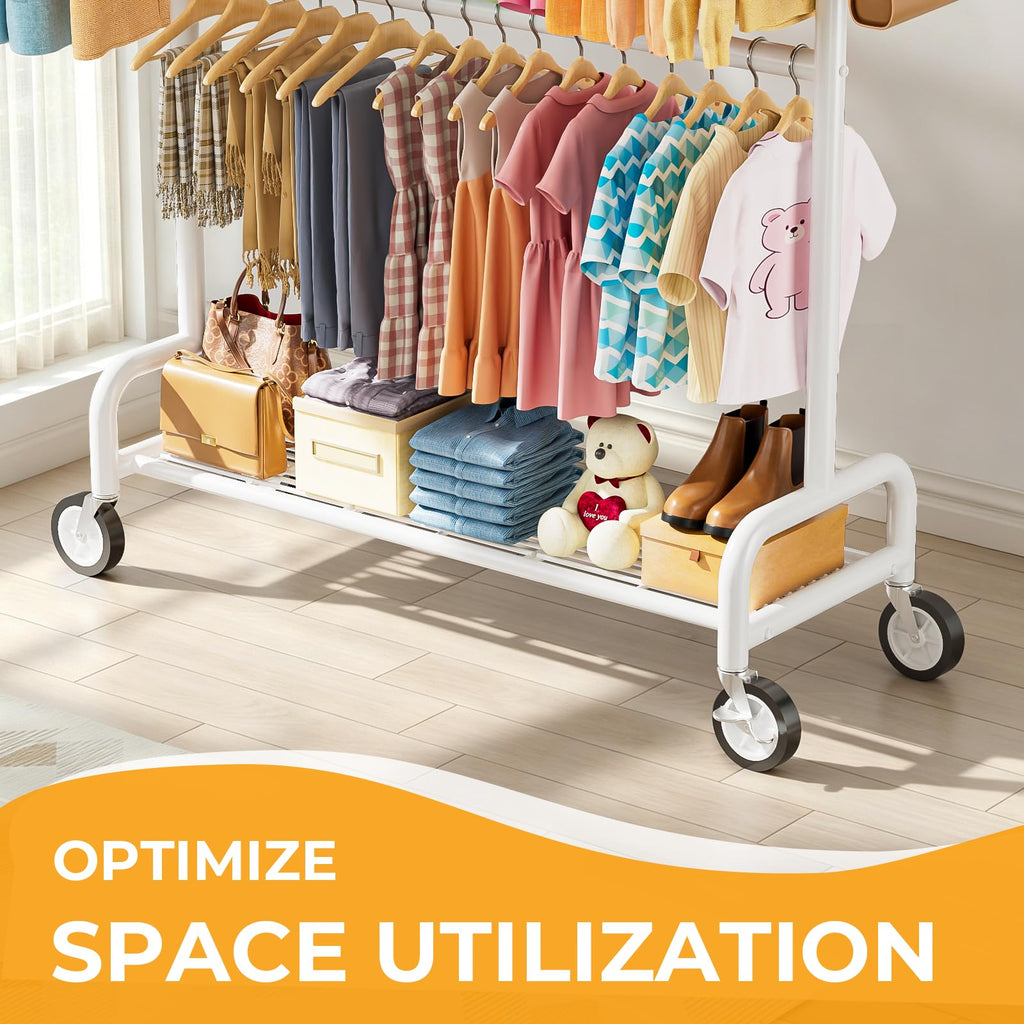 Heavy Duty Clothes Rack Load 860LBS, Double Rods Rolling Clothing Racks for Hanging Clothes, Rolling Garment Rack