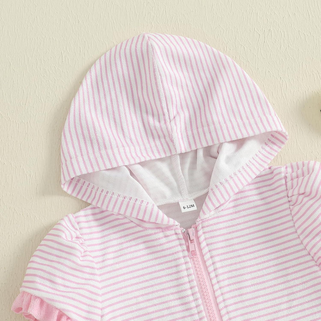 Girls Striped Swim Cover Up Beachwear Short Sleeve Zip Up Hooded Terry Swim Coverups One Piece Swimsuits Swimwear