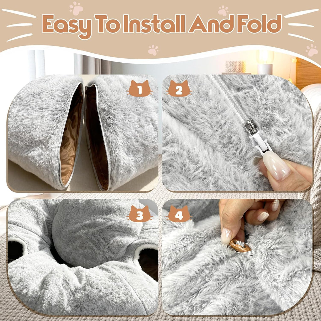 4-Holes Cat Tunnels for Indoor Cats, Plush Donut Cat Bed Tunnel Grey