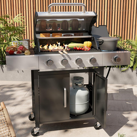 4-Burner Propane Gas Grill with Side Burner, 49,000 BTU Stainless Steel BBQ Grill with Cast Iron Grates and Side Tables (Black)