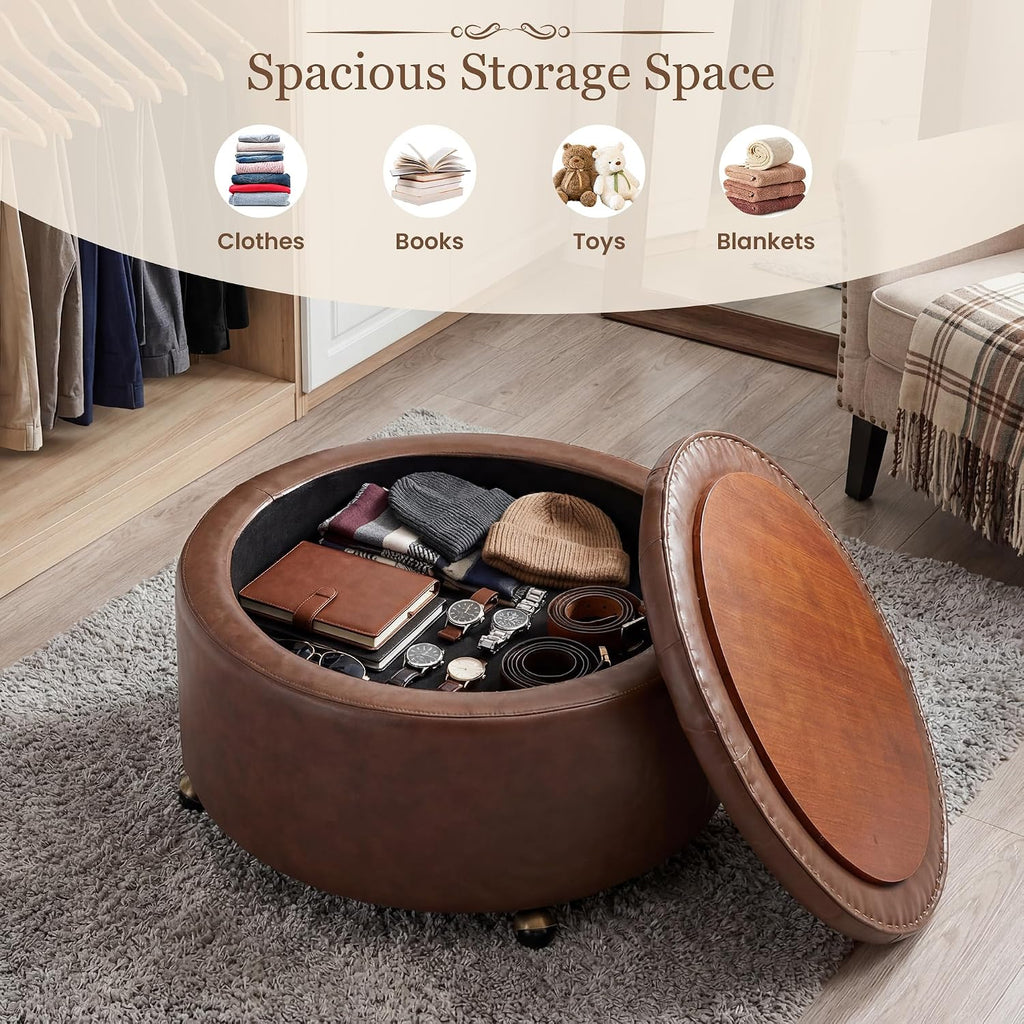 29" Large Round Storage Ottoman with Tray , Brown | Modern PU Leather Coffee Table Ottoman with Storage & Wheels