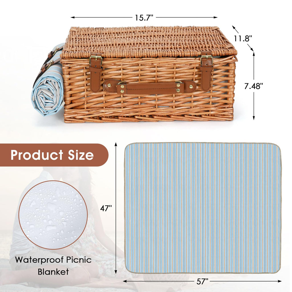 Wicker Picnic Basket Set for 4 Persons with Cooler & Blanket