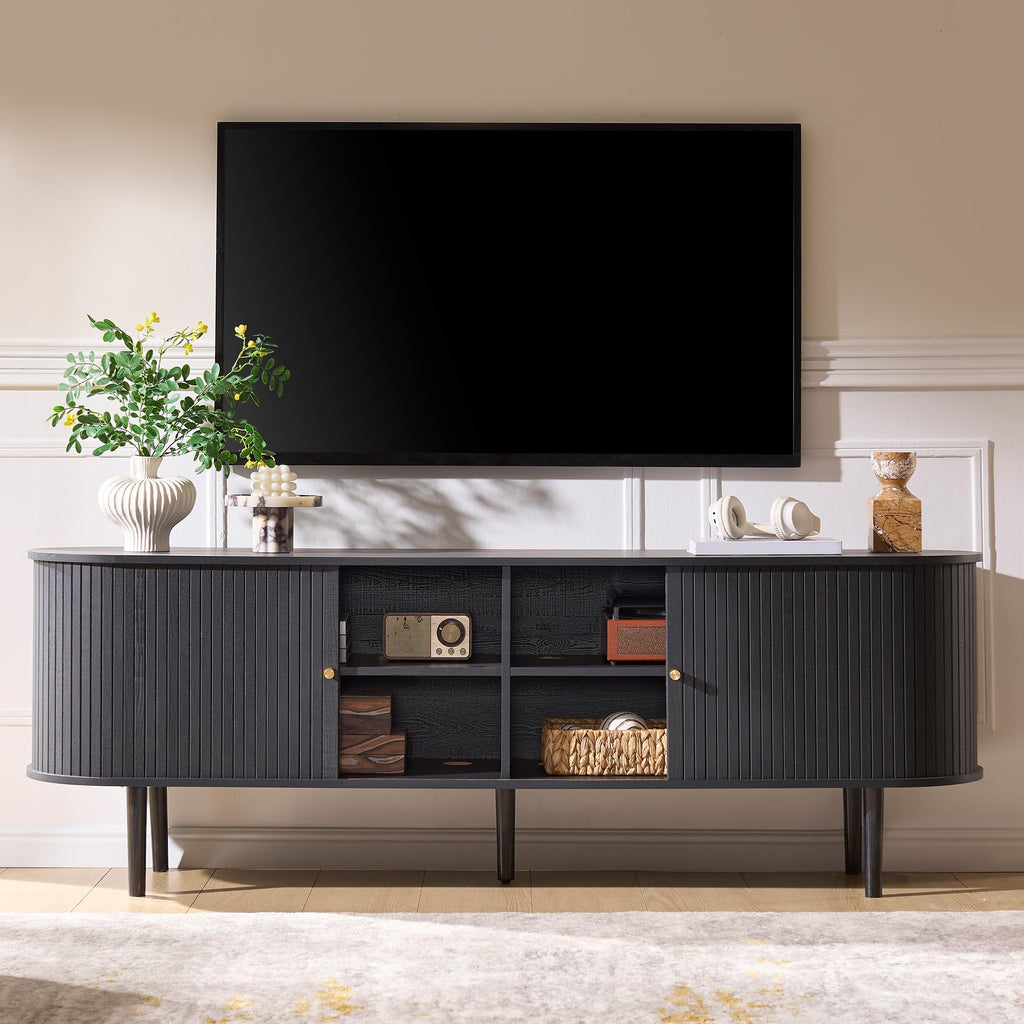 70" Mid-Century Modern Fluted TV Stand with Storage, Black