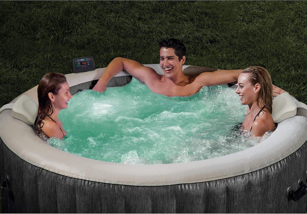 Greywood Deluxe 4 Person Outdoor Portable Inflatable Hot Tub Spa with Multi-Color LED Light, Foam Headrests, and 140