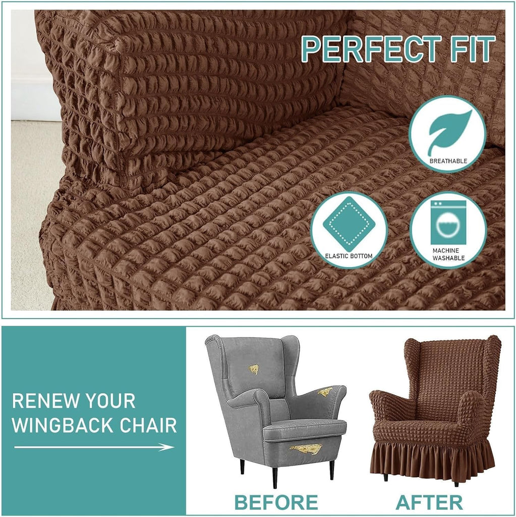 Stretch Seersucker Wingback Chair Slipcover, Universal Bubble Wing Chair Slipcovers with Skirt, Living Room High Back