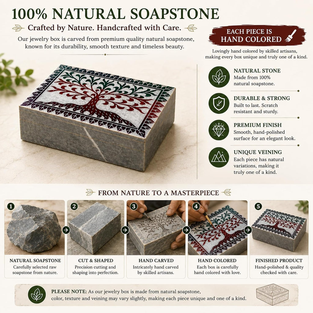 Hand Carved Marble Soapstone Square Jewellery Box, 6x4x1.75