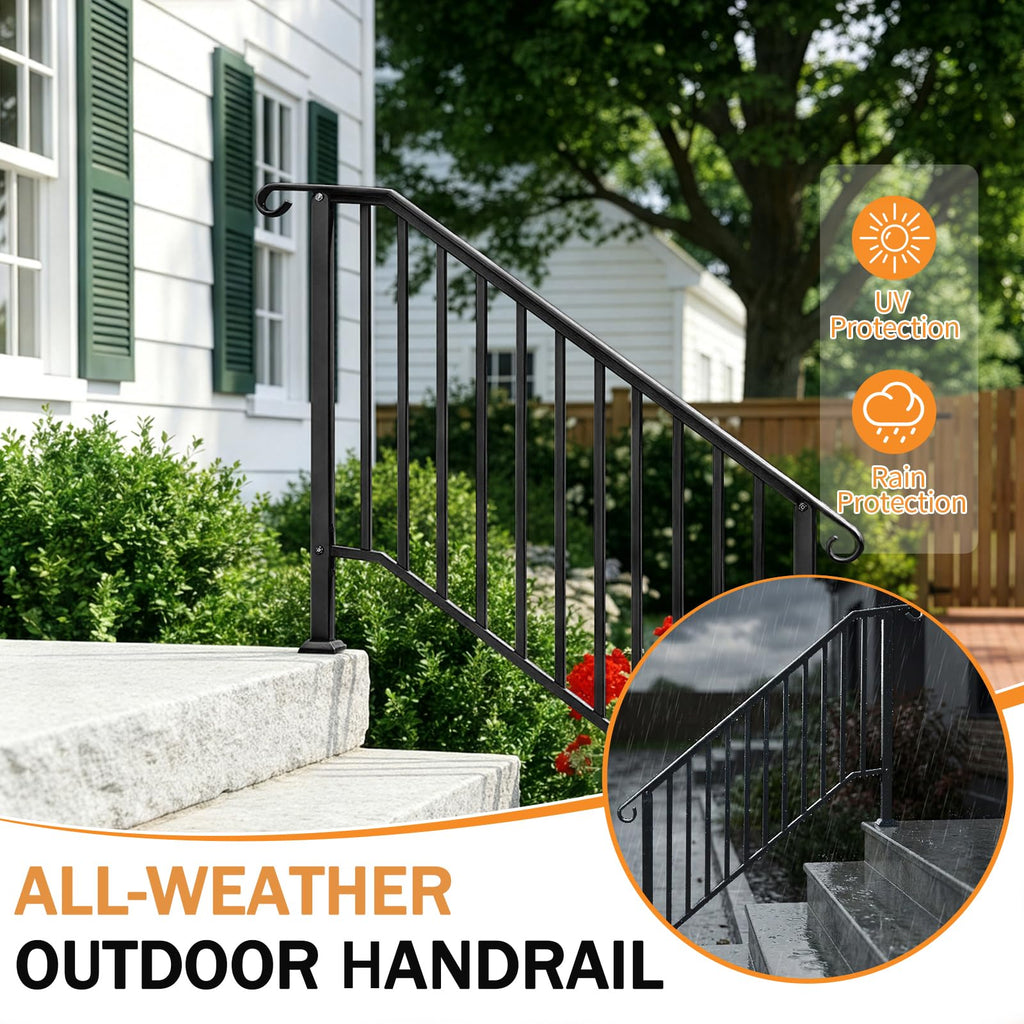 Handrails for Outdoor Steps, Black Wrought Iron Handrail Fits 4 or 5 Steps, Transitional Handrail with Installation