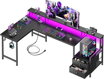 66'' L Shaped Gaming Desk with Storage Drawers, Power Outlets, LED | Large Reversible Computer Desk for Multiple