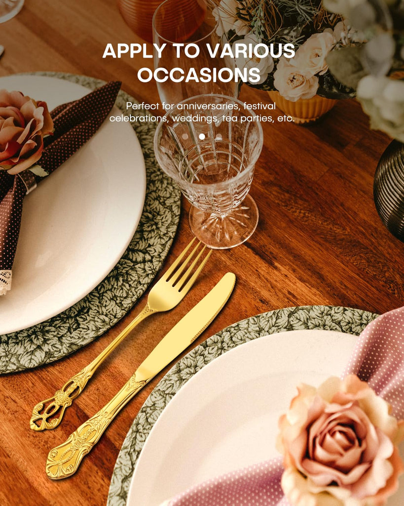 40 Pcs Retro Royal Gold Silverware Set, Stainless Steel Gold Utensils Cutlery Set for 8, Gorgeous Flatware Set