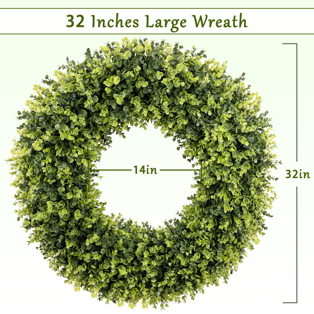32 Inch Extra Large Boxwoods Green Spring Artificial Wreath for Front Door, Year Round Spring Summer Winter Wreaths