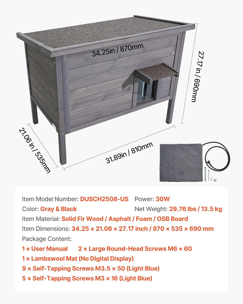 Heated Outdoor Cat House, Insulated Wooden Cat House for Cats, Waterproof Feral Kitty Shelter with Heating Pad, PVC