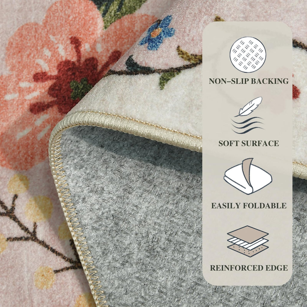 2x6 Washable Runner Rug Beige Boho Floral Kitchen Bedroom