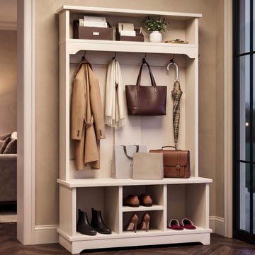 71" Hall Tree with Bench and Shoe Storage, Wood Entryway Coat Rack, White