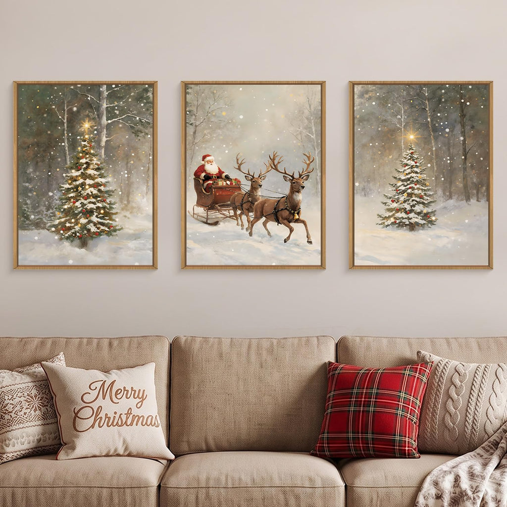 Christmas Santa Reindeer Framed Canvas Wall Art Set, Vintage Trees Snowy Wall Decor, Sleigh Deer Forest Winter Wall