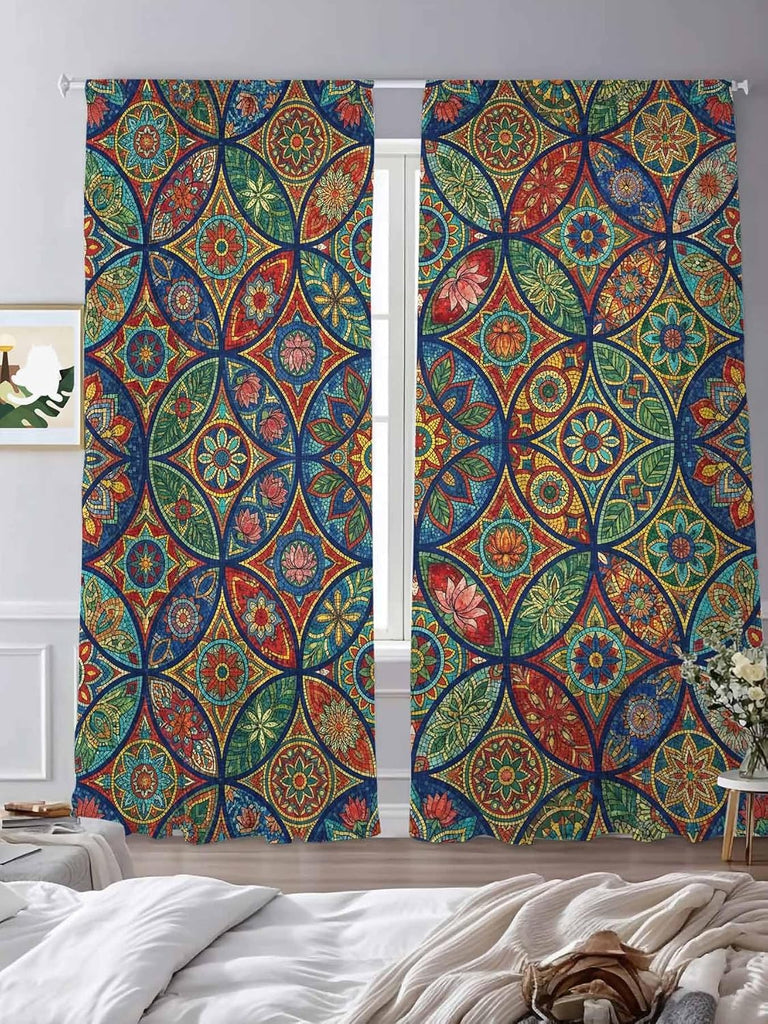 Vintage Boho Sheer Curtains 96 Inch Length 2 Panels, Ethnic Floral Geometric Green Blue Red Voile Kitchen Curtain Set