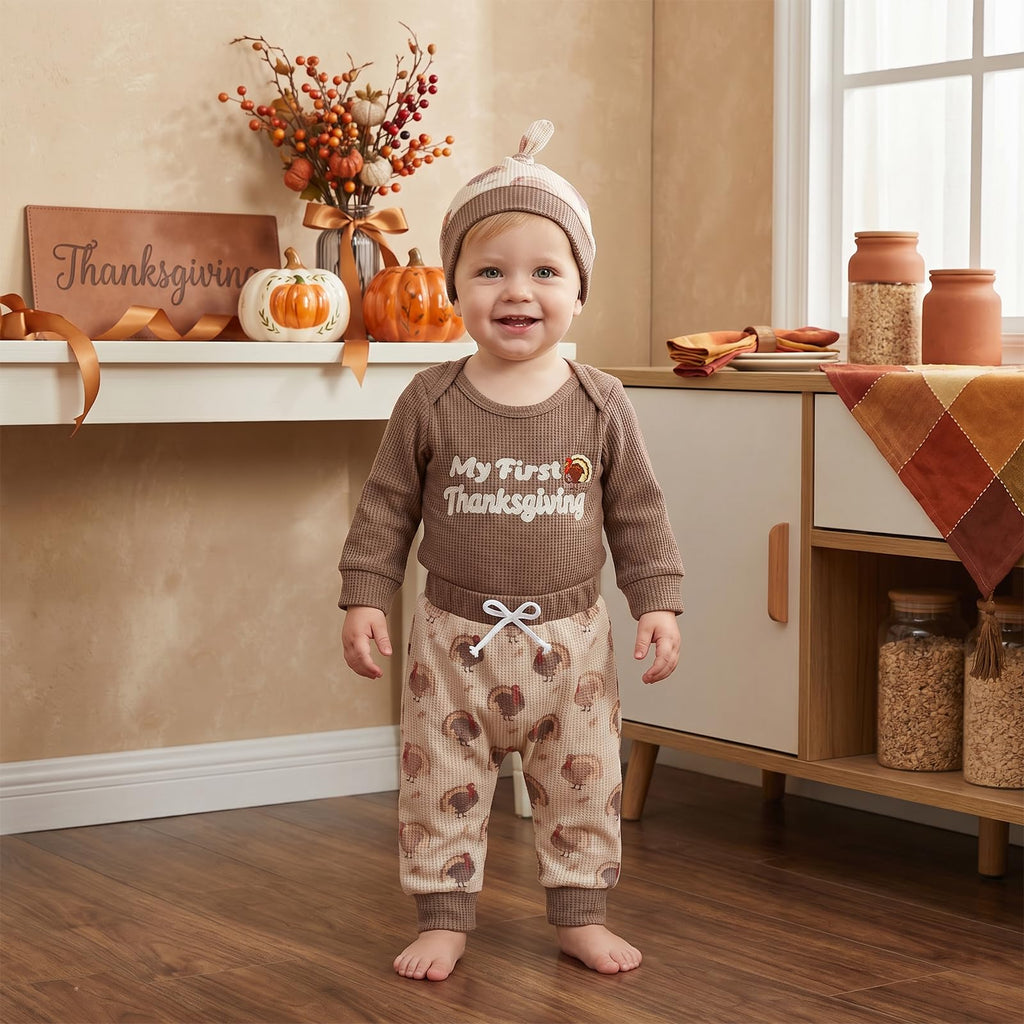My 1st Thanksgiving Baby Boy Outfit Newborn Embroidered Waffle Long Sleeve Romper Turkey Pants Hat Set 3Pcs Clothes