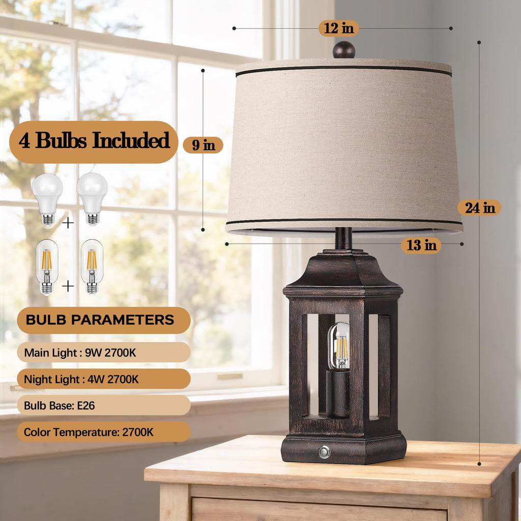 24" Rustic Farmhouse Table Lamps, Single Pack Touch Dimmable Nightlight Vintage Bedside Lamps with USB A+C Ports &