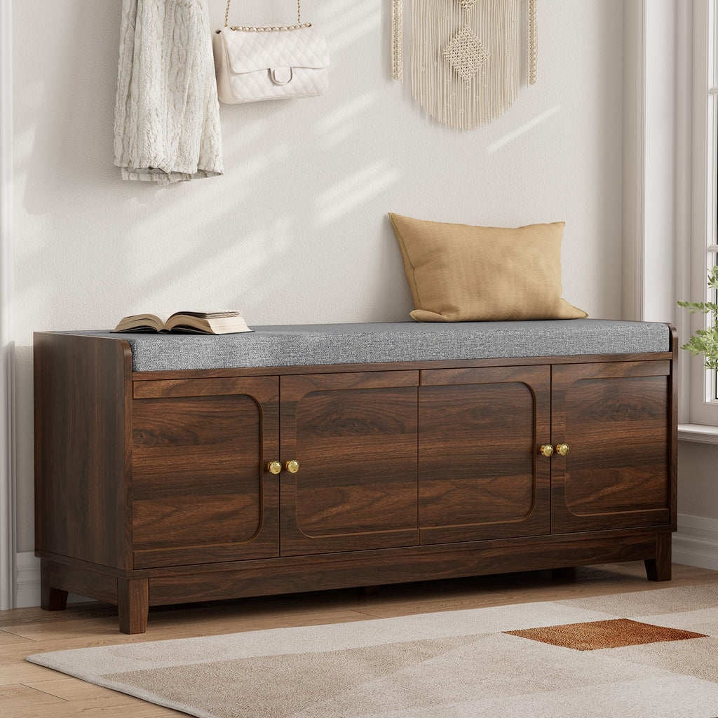 2-Tier Shoe Storage Bench w/4 Doors & Thickened Padded Seat Cushion, Walnut