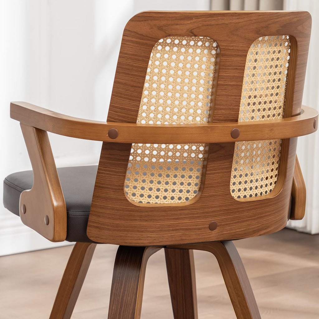 Walnut Dining Chairs - Swivel Rattan Dining Chairs with Bentwood Frame with Ergonomic Cane Back, Curved Arms, MCM