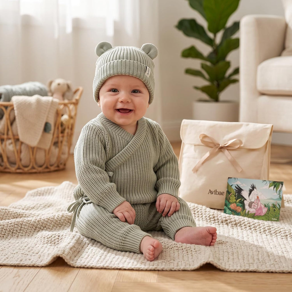 Baby Cotton Knit Set with Hat, Sweater and Pants, Coming Home Outfit