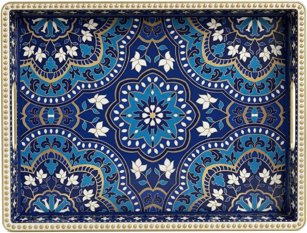 Boho Serving Tray with Handles, Large Rectangular Decorative Ottoman Tray with Gold Beaded Rim, Blue Floral Mandala