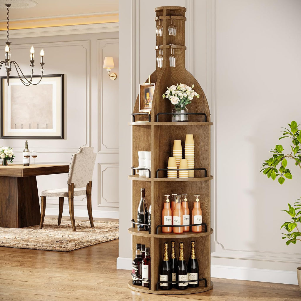 75" Tall Round Wine Rack, Freestanding Wine Bar Cabinet | Holds up to 60 Bottles, 4-Tier Storage Shelf with Glass