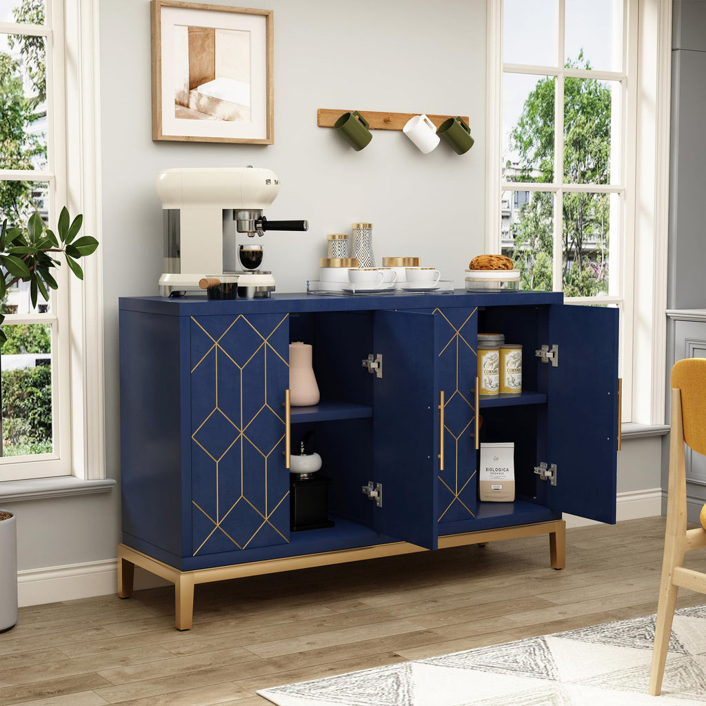 Accent Cabinet with 4 Doors, Modern Credenza Storage Cabinet, Carved Decorative Buffet Sideboard, and Hallway, Blue
