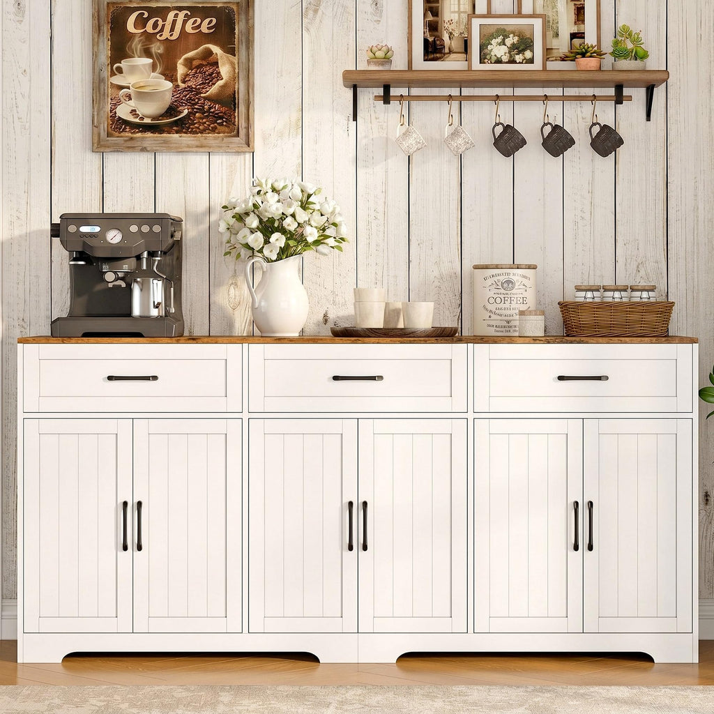 71" Farmhouse Sideboard Buffet Cabinet 3 Drawers & 6 Doors, White